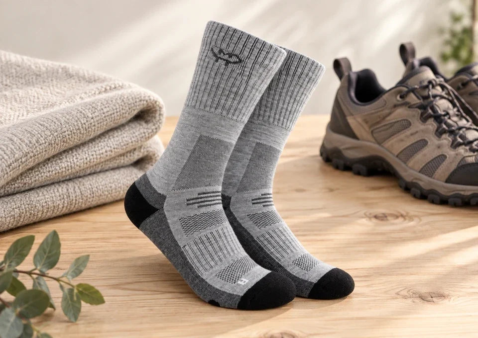 A pair of gray MP Magic merino crew socks beside walking shoes and a folded blanket