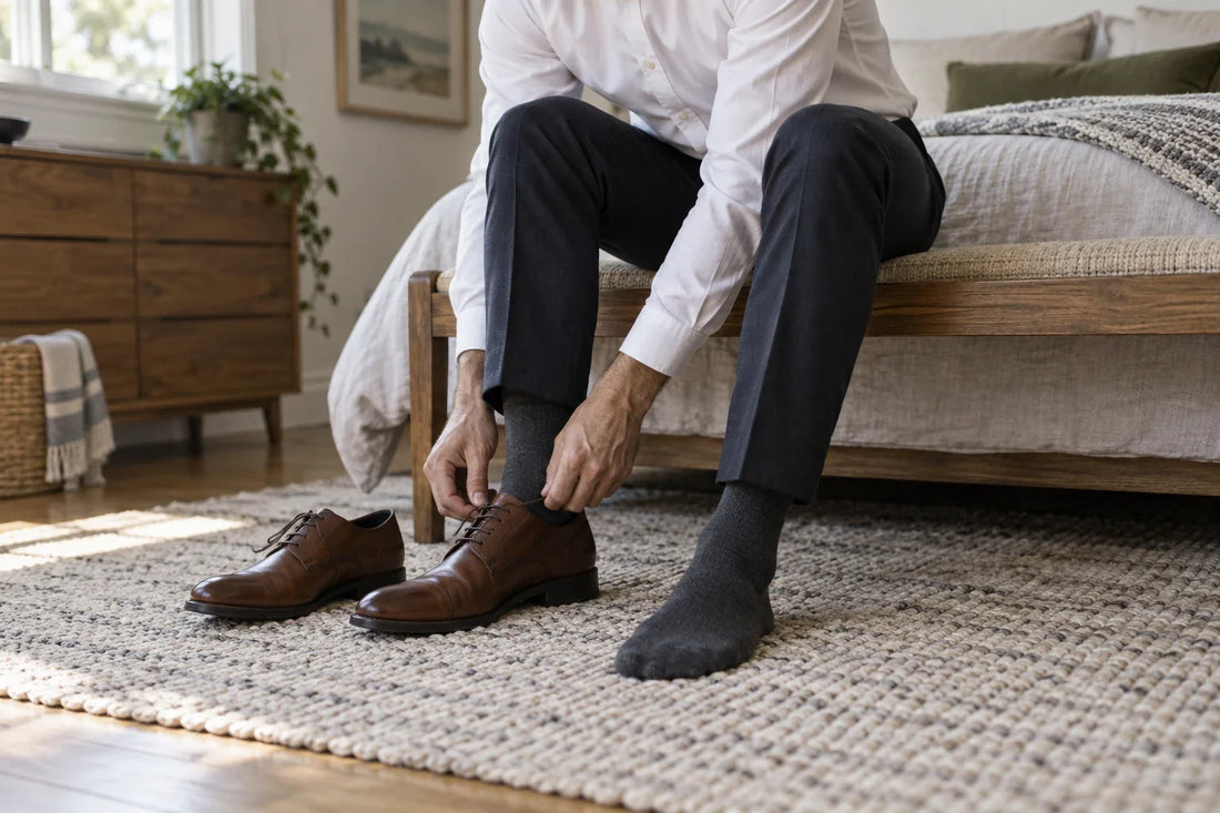 Man wearing charcoal crew socks while putting on brown leather shoes in the morning