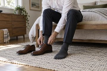 Man wearing charcoal crew socks while putting on brown leather shoes in the morning