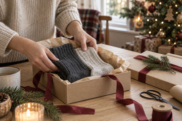 Hands packing neutral knitted socks in a Christmas gift box beside ribbon and evergreen branches