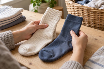 Hands comparing the texture of an ivory casual sock and a blue athletic sock; illustrative scene, not MP product photography