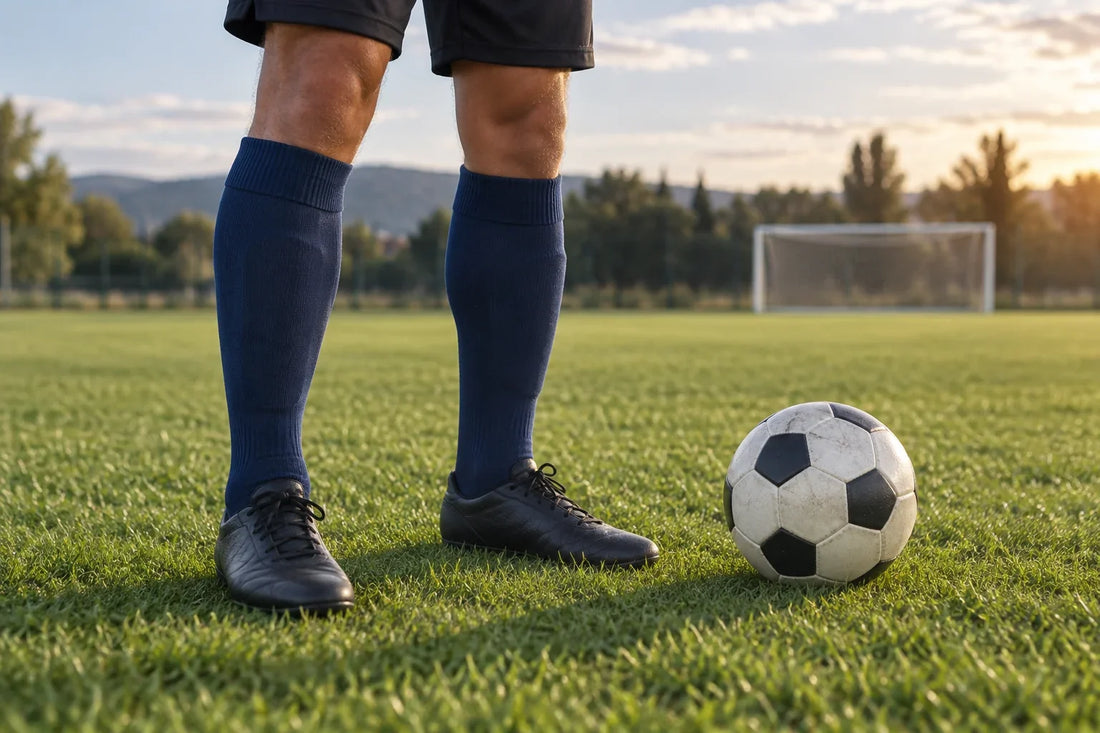 Soccer player wearing navy knee-high socks with boots beside a ball