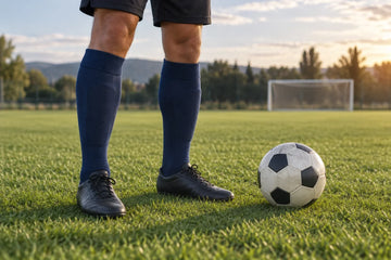 Soccer player wearing navy knee-high socks with boots beside a ball