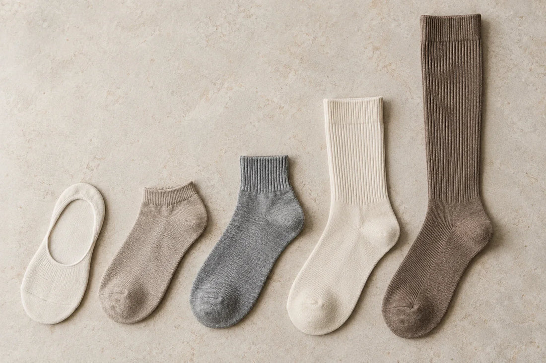 Unbranded socks in increasing cuff heights arranged on a light stone surface; illustrative scene, not MP product photography