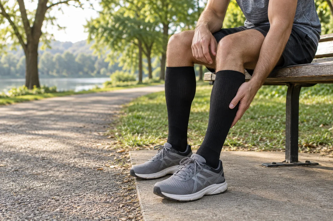 Runner resting on a park bench in black knee-high athletic socks