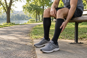 Runner resting on a park bench in black knee-high athletic socks