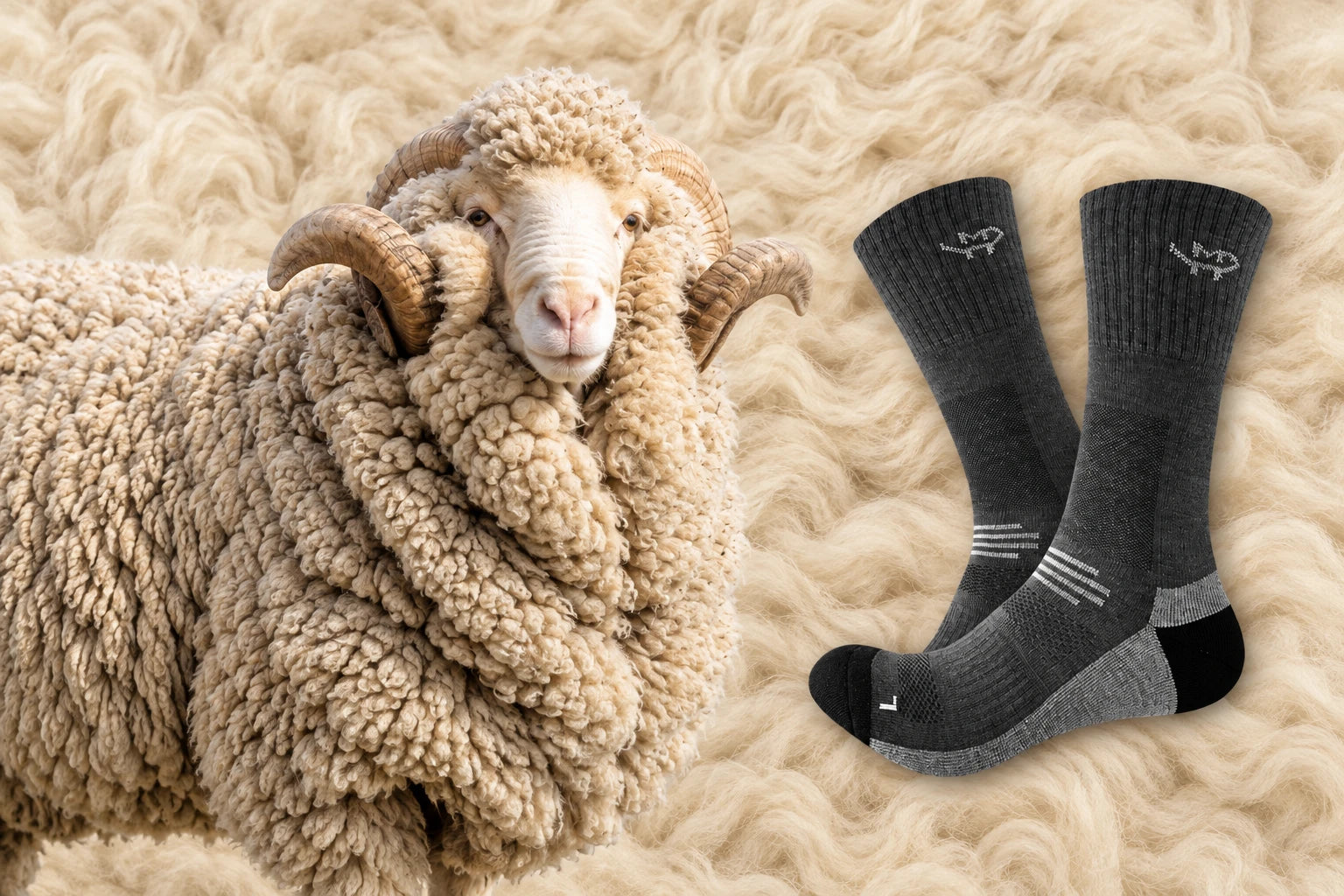 Merino sheep and charcoal-grey crew socks against a background of soft natural wool fibres