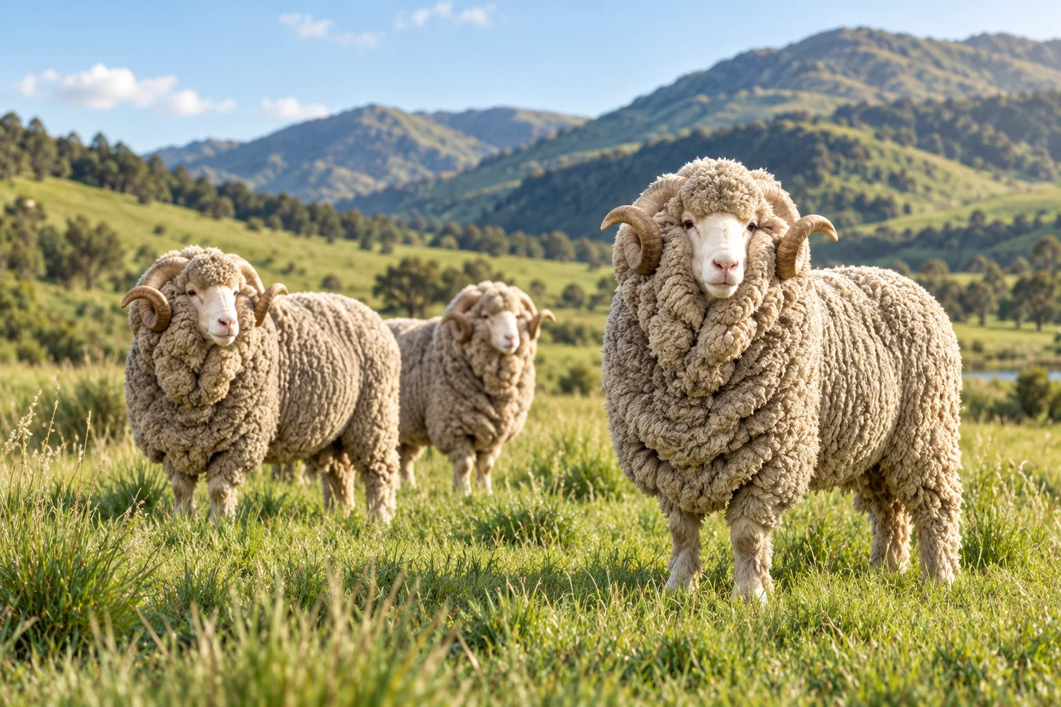 Merino sheep with dense, crimped fleece in a sunlit green pasture