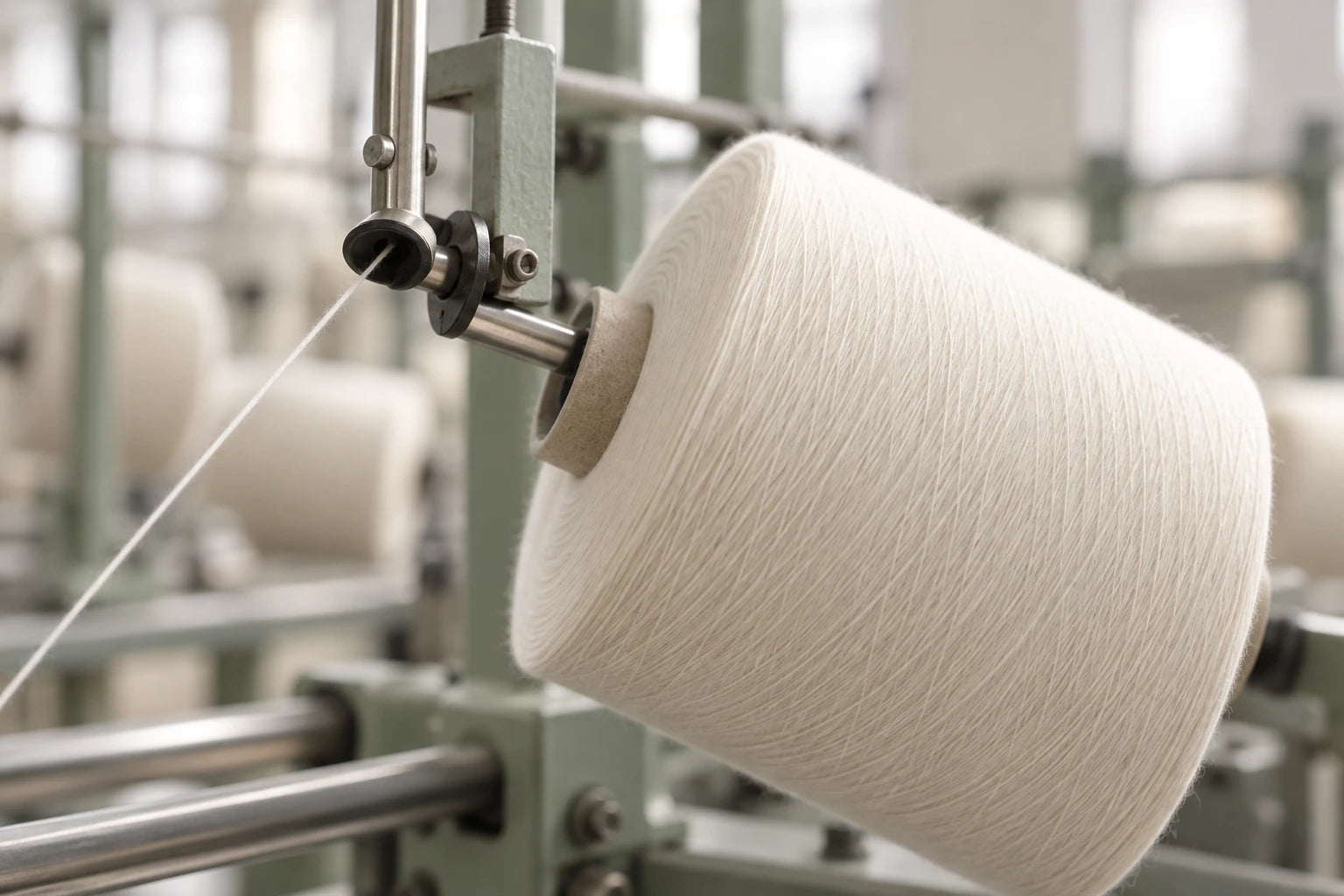 Close-up of fine ivory wool yarn on a textile winding machine